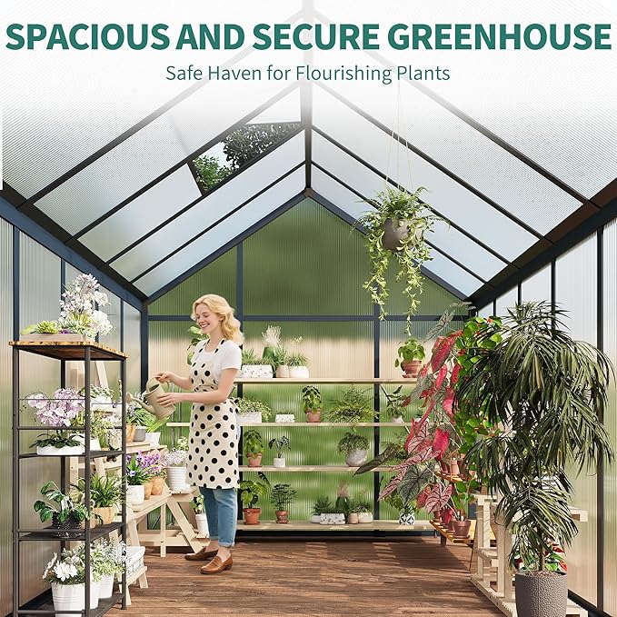 8x12 FT Greenhouse, Polycarbonate Walk-in Greenhouse for Outdoors with Roof Vent & Lockable Outward-Opening Swing Door, Heavy-Duty Aluminum Green House for Garden, Backyard, Patio, Lawn, Dark Grey