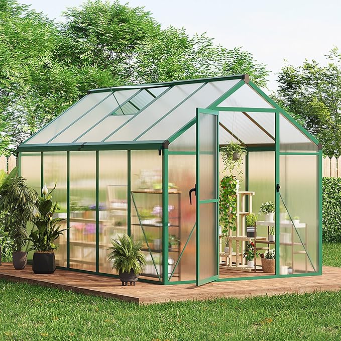 6x10 ft Greenhouse for Outdoors, Polycarbonate Greenhouse with Roof Vent, Ground Nails, Lockable Push Door, Aluminum Large Walk-in Green House for Outside Garden Backyard, Patio, Lawn, Green