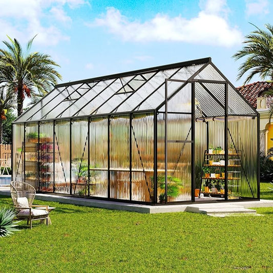 AMERLIFE 6x16 Ft Polycarbonate Greenhouse for Outdoors, Walk-in Design with Aluminum Frame, 2 Windows and Swing Door, Heavy-Duty Greenhouse Construction for Garden, Black