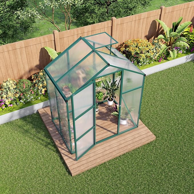 KEIKI 6x4 FT Polycarbonate Greenhouse for Outdoors, Heavy-Duty Aluminum Walk-in Greenhouse with Raised Base, Roof Vent & Drainage System, All-Season Garden Greenhouse, Green