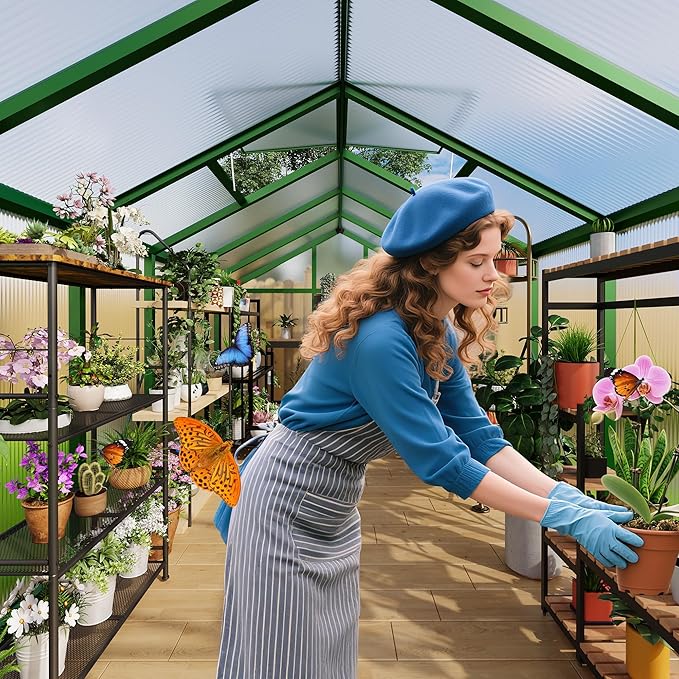 6x10 ft Greenhouse for Outdoors, Polycarbonate Greenhouse with Roof Vent, Ground Nails, Lockable Push Door, Aluminum Large Walk-in Green House for Outside Garden Backyard, Patio, Lawn, Green