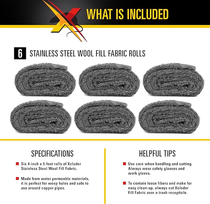 Xcluder Rodent Control Fill Fabric 6 Rolls of Stainless Steel Wool Blend Protect Home, Business, Office Stop Rats, Mice, and Pests from Entering Property