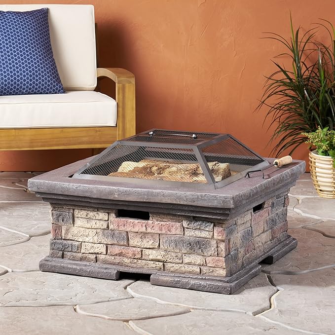 29 Inch Fire Pits for Outside Wood Burning, MGO Square Firepits for Outside, Wood Burning Fire Pit for Camping, Garden, Backyard, Bonfire Party, Stone Gray