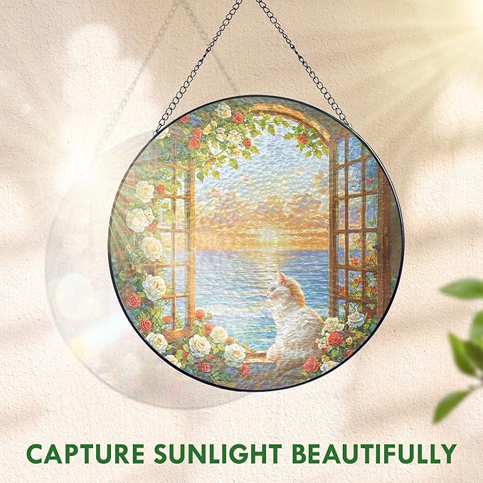 FLAGWIX Cat Gifts for Women - Stained Glass Window Hanging 10 in - Cat Lady Gifts for Women Mom Grandma Pet Lovers, Suncatchers for Windows Hanging Coastal Decor, Suncatcher Decorations for Home