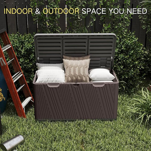 Kingdura 110 Gallon Outdoor Storage Box, Waterproof Resin Deck Box for Indoor and Outdoor Use, Lockable Storage Container for Patio Furniture Cushions Garden Tools (Coffee, 110 Gallon)