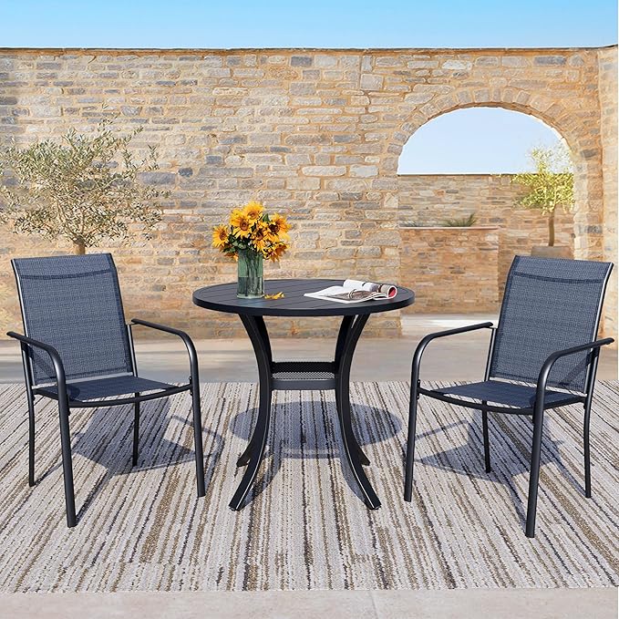 3 Piece Outdoor Dining Set, Patio Table and Chairs Set of 2, 27.6" Black Round Patio Table with 2 Dark Blue Stackable Patio Chairs for Lawn, Garden, Porch