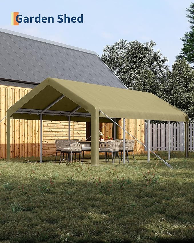 13x25 FT Carport,Heavy-Duty Carport with 4 Roll-Up Windows & Doors, Portable Garage 200g PE Tarp, Waterproof & UV Protected Outdoor Shelter for Car, Boat, Truck, Motorcycle