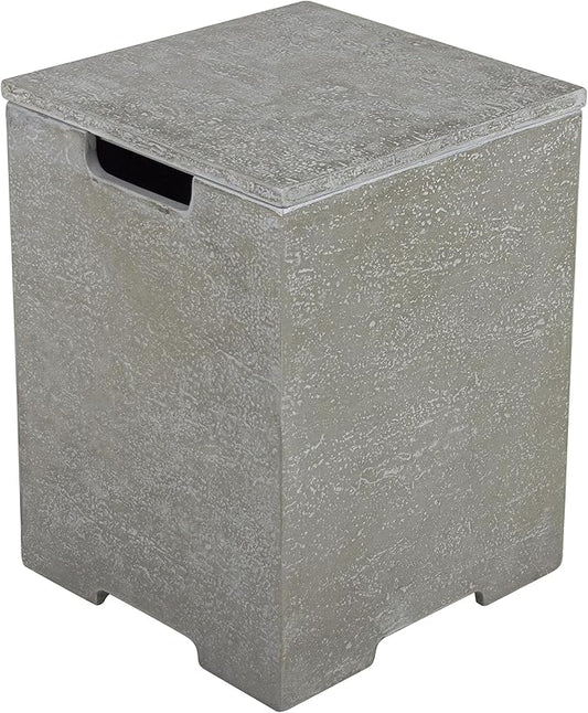 AMS Fireplace | Elementi Square Travertine Light Grey Propane Tank Cover | Marble Porcelain Top with Concrete GFRC Base | 15.9 × 15.9 × 20 inches | Suited For Riviera Light Grey Fire Pit Table