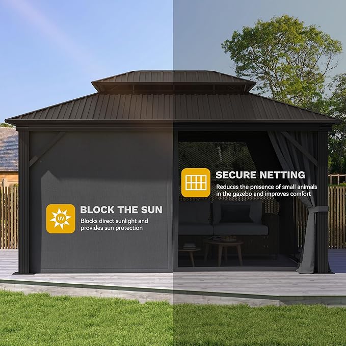 DWVO 12x16ft Gazebo Double Roof Hardtop with Nettings and Curtains, Heavy Duty Galvanized Steel Outdoor Vertical Stripes Roof for Patio, Backyard, Deck, Lawns, Grey