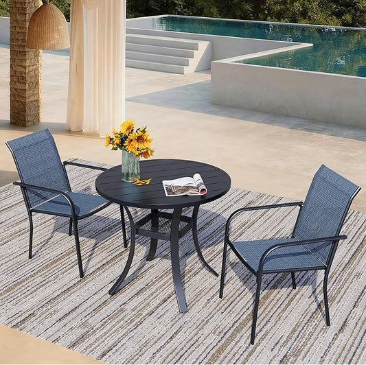 3 Piece Outdoor Dining Set, Patio Table and Chairs Set of 2, 27.6" Black Round Patio Table with 2 Blue Stackable Patio Chairs for Lawn, Garden, Porch