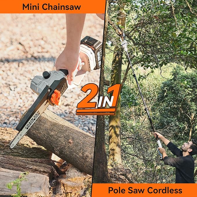 TaskStar 2-in-1 Pole Saw for Tree Trimming, 8 Inch Cordless Mini Chainsaw with Extension Pole, Brushless Motor, with 2 x 4.0 Ah Batteries & Charger, Auto Lubrication, 15 Ft Max Reach