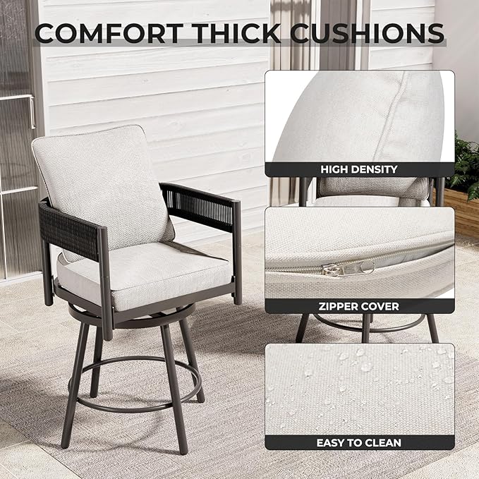Grand patio Patio Swivel Bar Set, 26" Counter Height Swivel Chairs Set of 5 with Fire Pit Table 60,000 BTU Heat Output for Patio, Deck, Balcony (Beige)