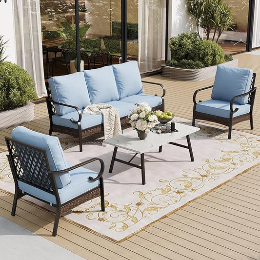 5 Piece Metal Outdoor Patio Furniture Set, Patio Conversation Sets 1 3-Seater Sofa, 2 Chairs with 5.75" Extra Thick Cushion and Coffee Table, Black Frame Backyard Furniture, Blue
