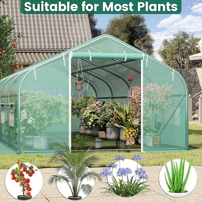 Walk-in Greenhouse 10×20×7FT, Outdoor Tunnel Greenhouse, Large Plant Hoop House for Outside, Hot House for Winter with 6 Ventilated Mesh Windows, Galvanized Steel Frame (Green, 20×10×7FT)
