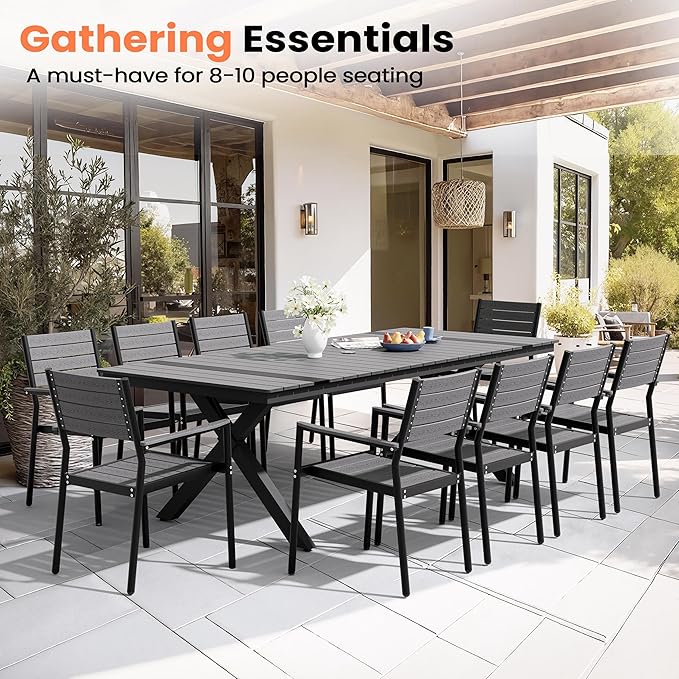 Pellebant 94" Outdoor Dining Table for 6-8, Aluminum Patio Dining Table with Umbrella Hole, Waterproof Wood-Like Tabletop for Lawn Garden Backyard, Grey