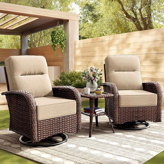 3-Piece Patio Furniture Set with 6-Inch Thick Cushions, High Back Outdoor Swivel Rocker Chairs and Table, All-Weather Conversation Set for Porch, Deck, Balcony, Yard in Beige