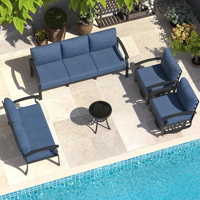 Aluminum Patio Furniture Set, 7 Seats Outdoor Patio Conversation Set with Swivel Chair Modern Metal Patio Sectional Sofa with Upgrade Cushions for Patio, Backyard Navy