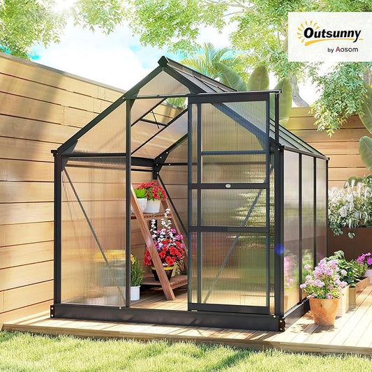 Outsunny 6' x 6' Greenhouse for Outdoors, Polycarbonate Greenhouse with Rain Gutter and Roof Vent, Aluminum Walk-in Green Houses for Outside for Patio Backyard Garden, Gray