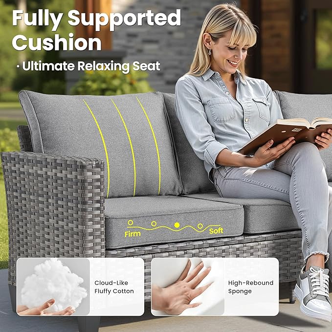 ovios 9 Pieces Patio Furniture Set, Outdoor Wicker Sofa Couch with Rocking Swivel Chairs Solar Lights Table, Modern Deep Seat Rattan Conversation Sets for Porch Deck, Dark Grey
