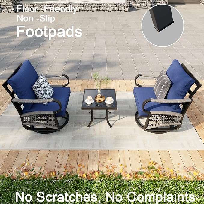 3 Pieces Glider Rocking Chairs, Outdoor Swivel Rocker Chairs with Blue Padded Cushions, Patio Bistro Furniture Set with Side Table for Porch Balcony Backyard Deck Poolside, Blue