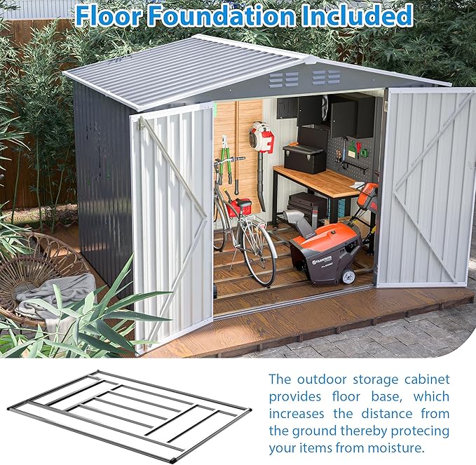6x8 FT Outdoor Storage Shed, Metal Garden Shed with Frame Floor, Outside Tool Shed with Lockable Hinged Doors, Waterproof Storage Building with Sloped Roof for Backyard, Patio, Lawn, Gray