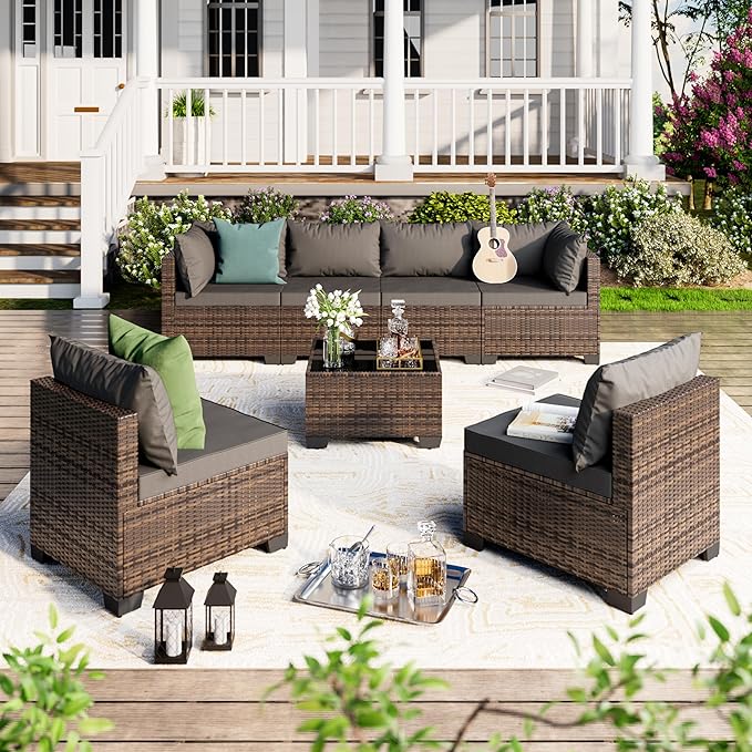 7 Pieces Patio Furniture Set - Outdoor Sectional Wicker Rattan Furniture with Cushion and Glass Table Patio Conversation Sets for Porch Poolside Backyard Outdoor Sofa Set Modular Sofa