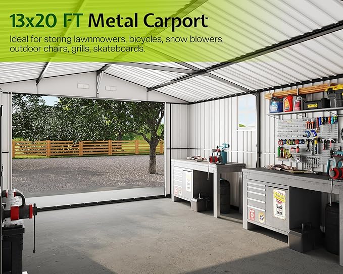 Jocisland 13.2x20.7x8 FT Heavy Duty Metal Carport, Car Canopy with 2 Lockable Doors & 4 Windows, All-Weather Car Shelter for Car, Boat, Truck, Equipment Storage, Dark Gray