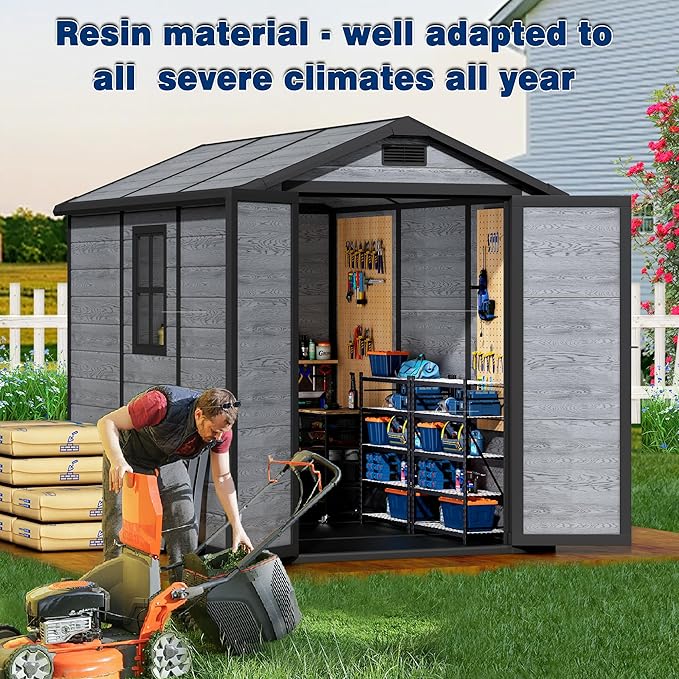 8.7x5.5 FT Resin Outdoor Storage Shed with Floor, Weather-Resistant Plastic Garden Shed with Windows, Lockable Door and Vents, Outside Tool Storage Sheds for Backyard, Garden, Lawn, Wood Grain
