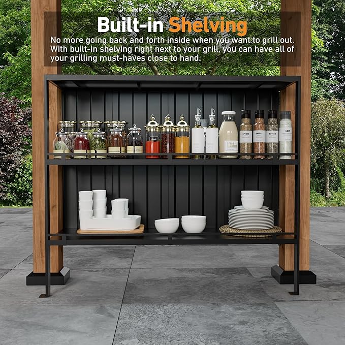 Modern Shade Woodberry Grill Gazebo 6' X 12', Cedar Wood Gazebo with Dual bar Tops & Shelves, Patio Pavilion with Galvanized Steel Roof, USB and USB-C connectors for Patio, Garden