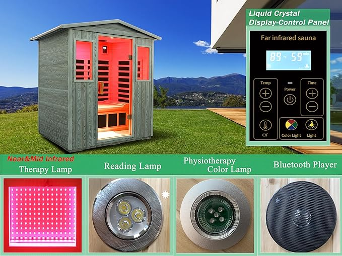 LTCCDSS Full Spectrum Outdoor Infrared Sauna 3-Person, Carbonized Composite Wood Low EMF Saunas for Home - Near&Mid-IR Light, Bluetooth Speakers, Chromotherapy Therapy Lights (81.1 * 45 * 83.5 inch)