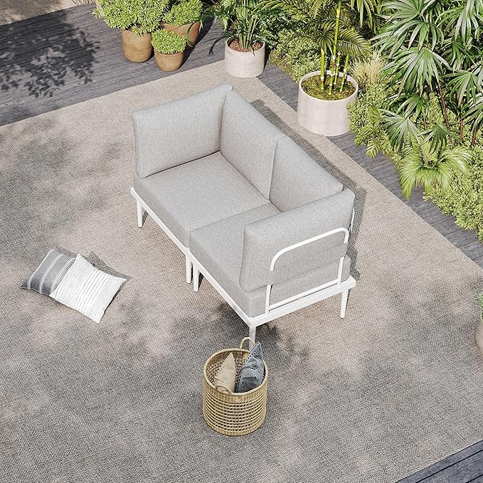 Sundale Outdoor 2 Pieces Patio Furniture Set, Metal Outdoor Sectional Sofa with Armrests and 6 Inch Olefin Cushion, All-Weather Modern Outdoor Conversation Sets