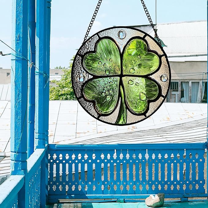 AMDERVEN Stained Glass Window Hanging, Green Silver 4 Leaf Clover Sun Catcher for Window Door Home Decor Plant Suncatcher Christmas Mother's Day Birthday Gifts for Women Men Mom Nana 7.8 in