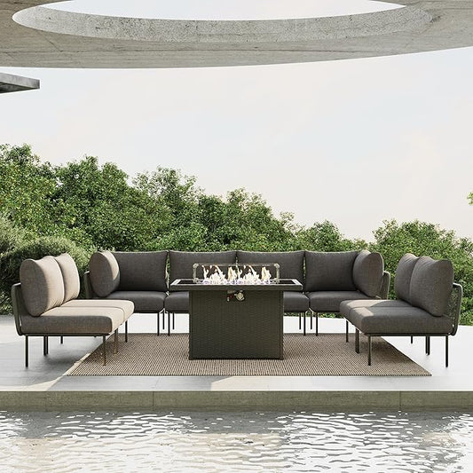 9 Piece Modern Outdoor Rope Wicker Sectional Patio L-Shaped Conversation Sofa Set Deep Seating with Fire Pit Table