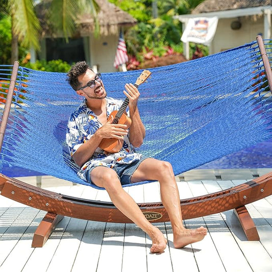 Lazy Daze Hammocks 10.5 FT Double 2 Person Caribbean Rope Hammock, Hand Woven Polyester Hammock with Spreader Bars, for Outside Outdoor Backyard Patio Poolside, 450 LBS Capacity, Blue