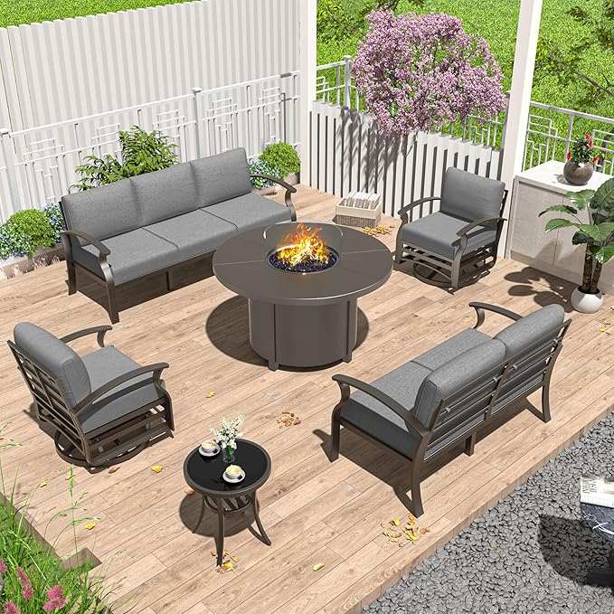 Aluminum Patio Furniture Set with Round Fire Pit Table, 7 Seats Outdoor Conversation Sets Modern Metal Patio Sectional Sofa with Upgrade Cushions for Patio, Backyard Grey