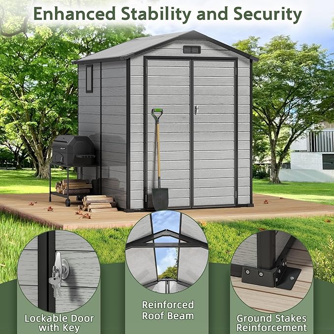 6×6FT Plastic Outdoor Storage Shed, Double Door Tool Shed with Transparent Roof and Vent, Lockable Door with Key, Storing Patio Furniture, Gardening Tools, and Bicycle Accessories.