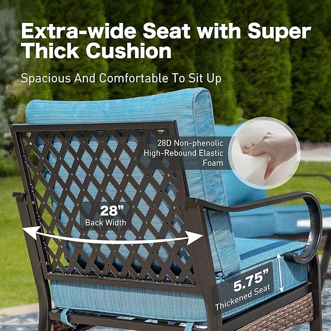 4 Piece Metal Outdoor Patio Furniture Set, Patio Conversation Sets 1 3-Seater Sofa, 2 Chairs with 5.75" Extra Thick Cushion and Coffee Table, Black Frame Backyard Furniture, Blue-2