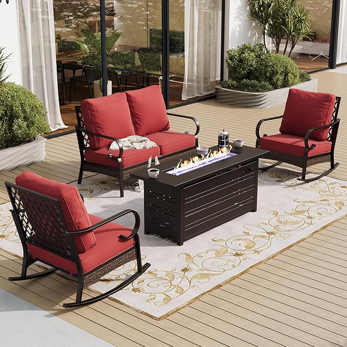 4 Piece Metal Outdoor Patio Furniture Sets with Firepit Table, Patio Conversation Sets 1 2-Seater Sofa, 2 Rocking Sofa with 5.75" Cushion Black Backyard Furniture for Deck, Rust Red