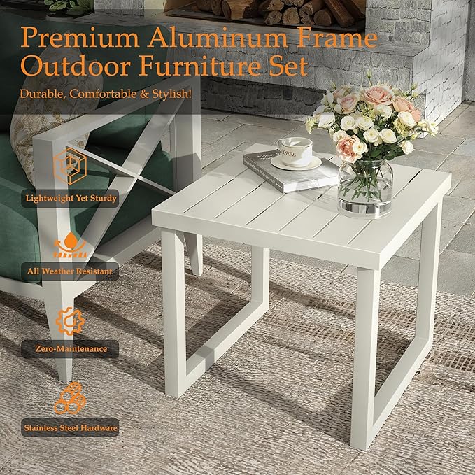 Aluminum Outdoor Furniture Set with Fire Pit Table,5-Seats Conner Patio Sectional Conversation Sofa with 6" All-Weather Cushions and Coffee Table,Outdoor Patio Furniture Set(White)