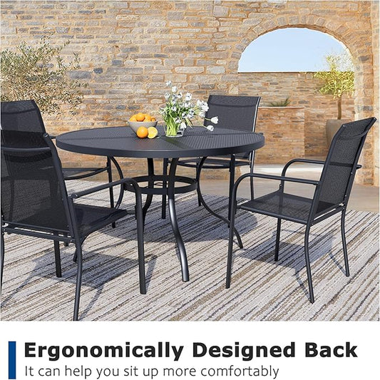 5 Piece Outdoor Dining Set, Patio Table and Chairs Set of 4, 42" Black Round Patio Table with 4 Black Stackable Patio Chairs for Lawn, Garden, Porch