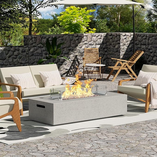 NAGA HABNA 56 Inch Propane Fire Pit Table, Rectangle Outdoor Fire Table w Glass Wind Guard (50,000 BTU), 2 Piece Gas Fire Pit w Lava Rocks for Garden, Pool, Backyard