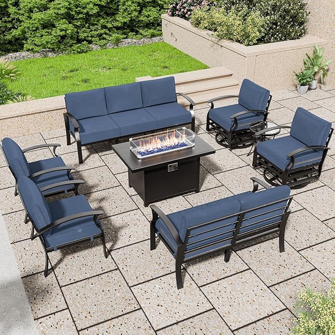 Aluminum Patio Furniture Set with Fire Pit Table, 9 Seats Outdoor Patio Conversation Set with Swivel Chair Modern Metal Patio Sectional Sofa with Upgrade Cushions for Patio, Backyard (Navy)