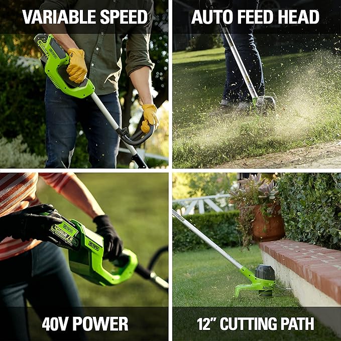 Greenworks 40V 12" Cordless String Trimmer, 0.065" Dual Line with Auto Feed, Variable Speed, Lightweight Weed Eater, 3-Year Warranty
