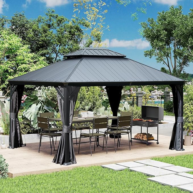 Domi 12' X 14' Hardtop Gazebo, Upgraded Metal Gazebo with Dual-Layer Resin Roof, Drainage System, Curtain and Netting, Outdoor Shelter Canopy for Patio, Garden, and Backyard, Grey