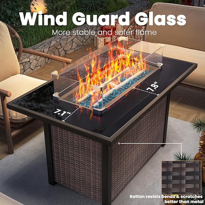 Propane Fire Pit Table, Outdoor Fire Pit Table, 43" Rattan Rectangle Outdoor Gas FirePit with Glass Wind Guard, Tempered Glass Tabletop, Lid, CSA Listed, 60,000 BTU, Outside Patio Deck & Garden, Brown