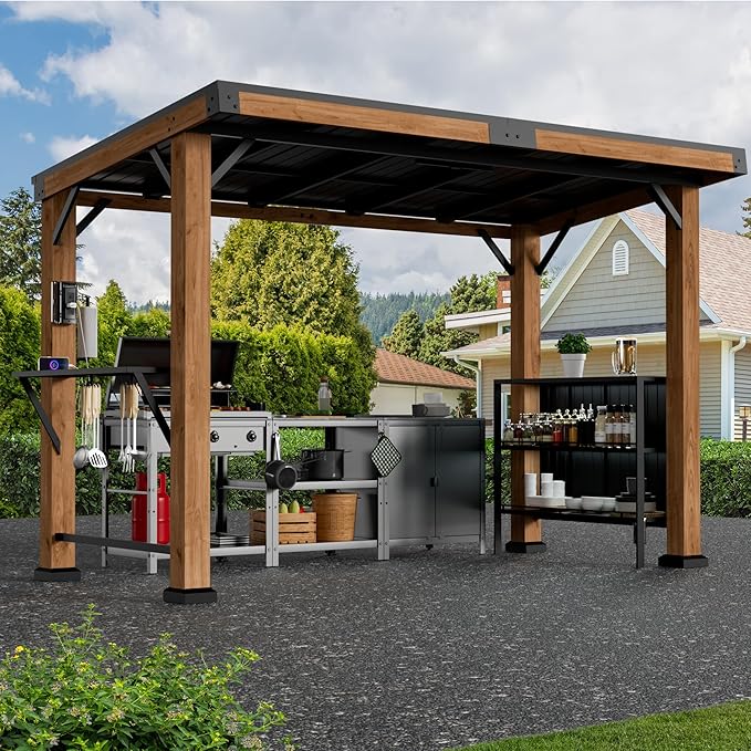 Modern Shade Woodberry Grill Gazebo 6' X 12', Cedar Wood Gazebo with Dual bar Tops & Shelves, Patio Pavilion with Galvanized Steel Roof, USB and USB-C connectors for Patio, Garden