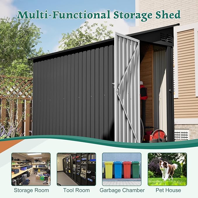 4×8 FT Lean to Metal Shed,Outdoor Heavy-Duty Storage Shed with Floor Base,All Weather Waterproof Garden Tool House W/Lockable Door&2 Air Vent,Reversible Door Design,for Backyard,Patio,Lawn,Black
