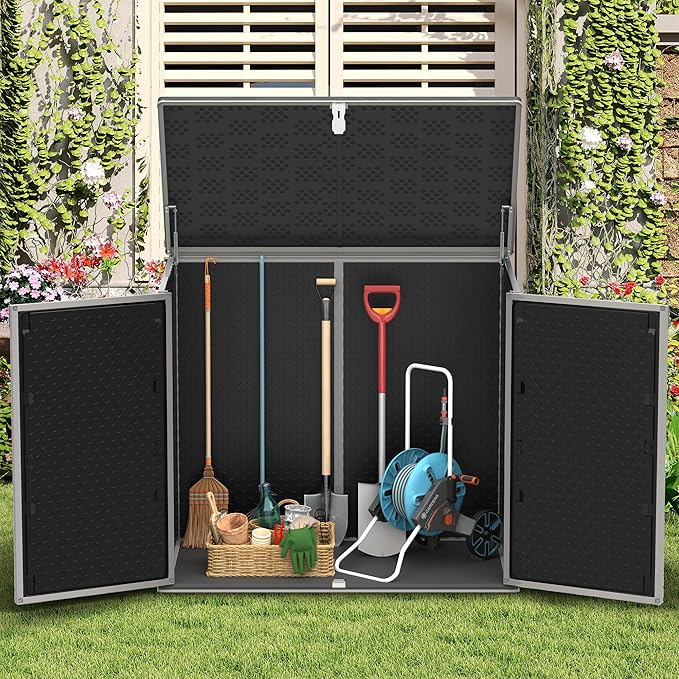 Uhomepro 4.6 Ft. X 4.1 Ft Outdoor Horizontal Storage Shed, Resin Storage Shed with Double Lockable Doors, Ideal for Garbage Can Storage and Garden Tools