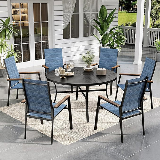 Sophia & William Outdoor Patio Dining Set 7 Pieces, 6 Aluminum Patio Dining Chairs and 54" Large Round Dining Table, Space-Saving and Lightweight for Patio Lawn Garden (Blue)