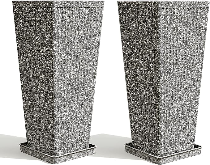 Tapered Tall Planters for Outdoor Plants 2 Pack- 23.6 Inch Heavy-Duty Classic Square Indoor Flower Pots with Drainage Holes/Partition/Tray, Large Outdoor Planters for Porch Patio, Gray